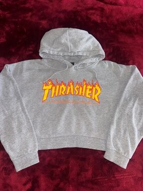 Thrasher Flame Logo Gray Cropped Fleece Hoodie Pullover Long Sleeve